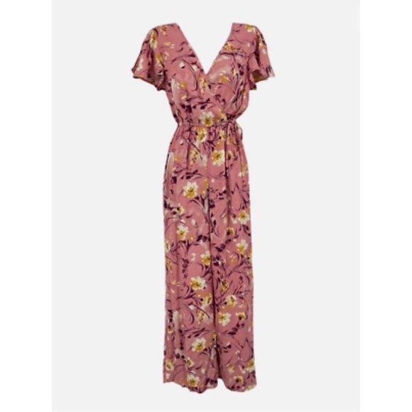 Bog Collective Pink Mauve Floral Surplice Wide Leg Jumpsuit SZ S - Picture 2 of 9